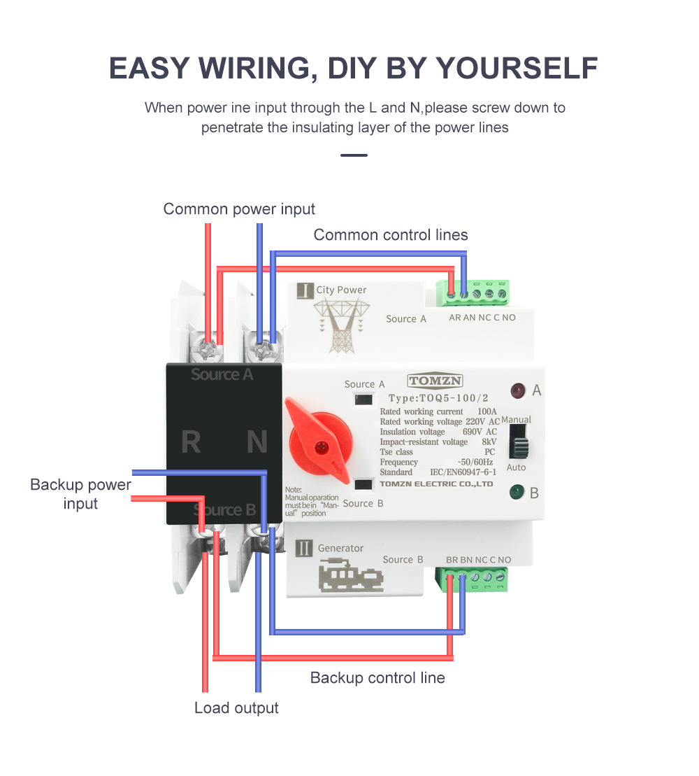TOMZN Single Phase Din Rail ATS Dual Power Automatic Transfer Electrical Selector Switches Uninterrupted 2P 63A 100A 125A