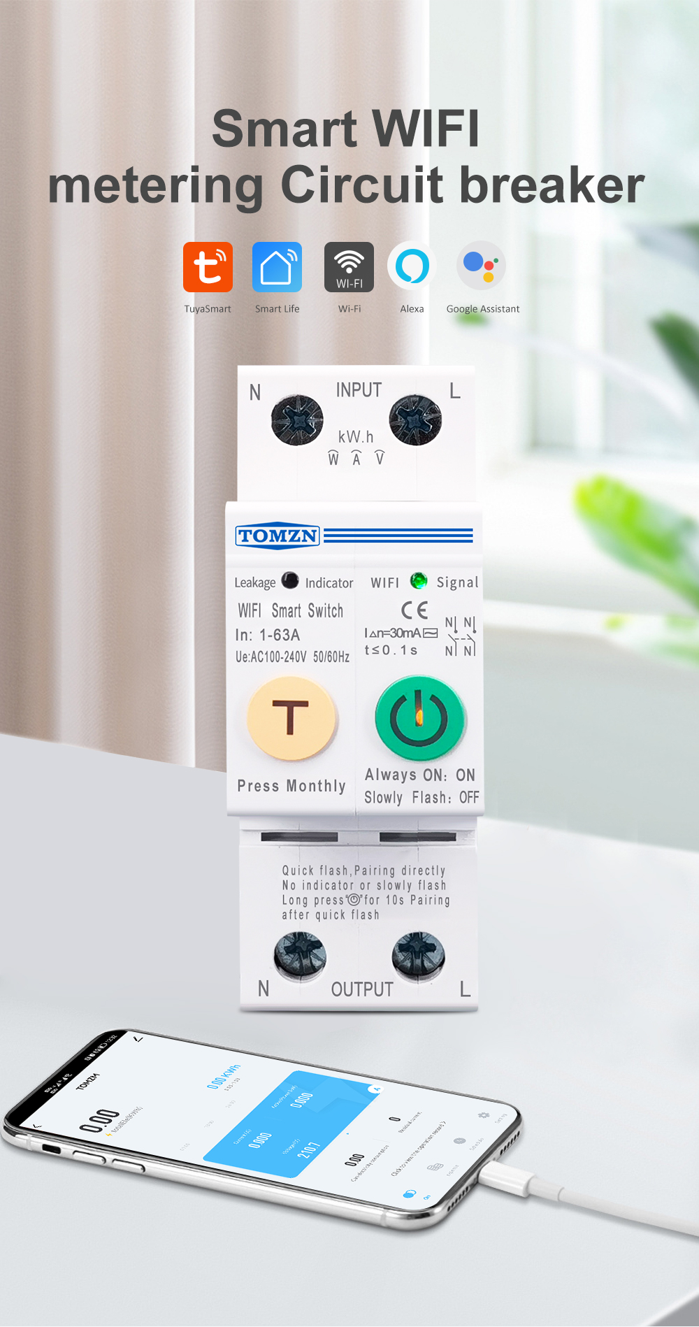 63A smartlife Single Phase WIFI Smart Switch Energy Meter Kwh Metering Monitoring Circuit Breaker Timer Relay MCB TUYA