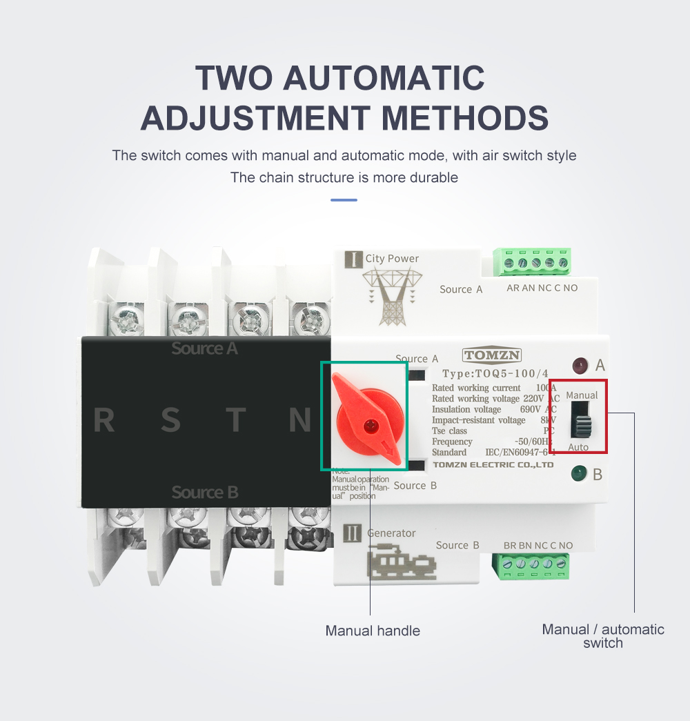 3 Phase Din Rail ATS Dual Power Automatic Transfer Switch Electrical Selector Switches Uninterrupted Power 4P 63A 100A 125A