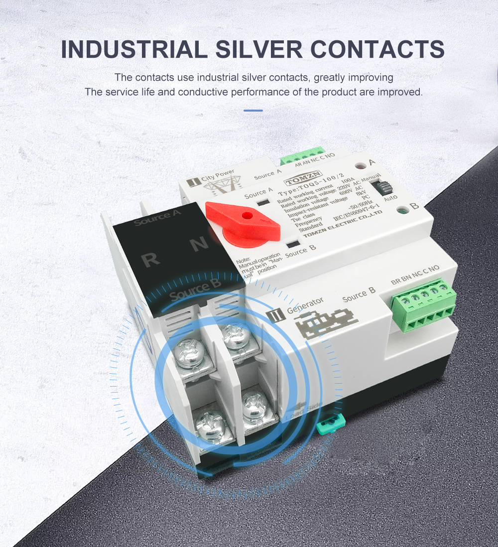 TOMZN Single Phase Din Rail ATS Dual Power Automatic Transfer Electrical Selector Switches Uninterrupted 2P 63A 100A 125A