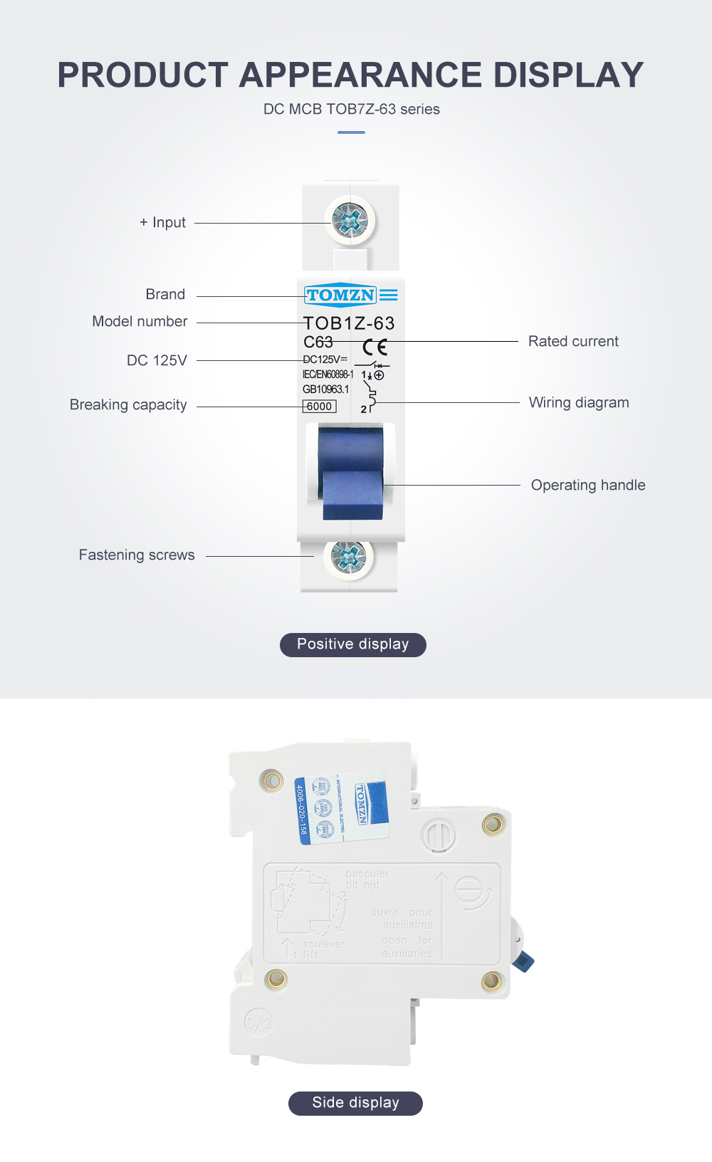 DC MCB 6KA 1P 125V Mini Circuit Breaker 3A 6A 10A 16A 20A 25A 32A 40A 50A 63A