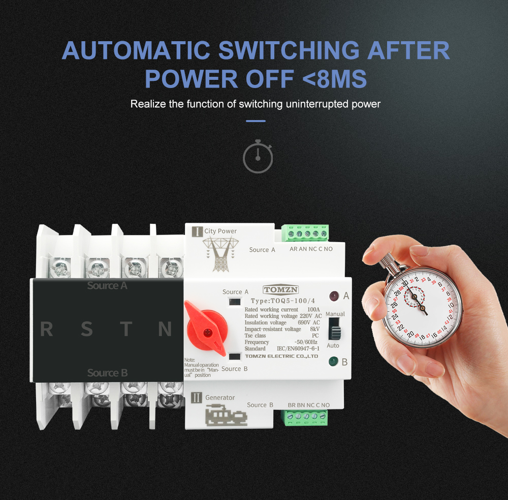 3 Phase Din Rail ATS Dual Power Automatic Transfer Switch Electrical Selector Switches Uninterrupted Power 4P 63A 100A 125A