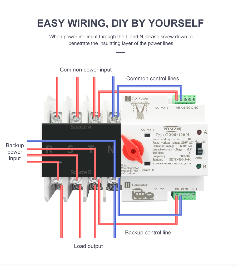 3 Phase Din Rail ATS Dual Power Automatic Transfer Switch Electrical Selector Switches Uninterrupted Power 4P 63A 100A 125A