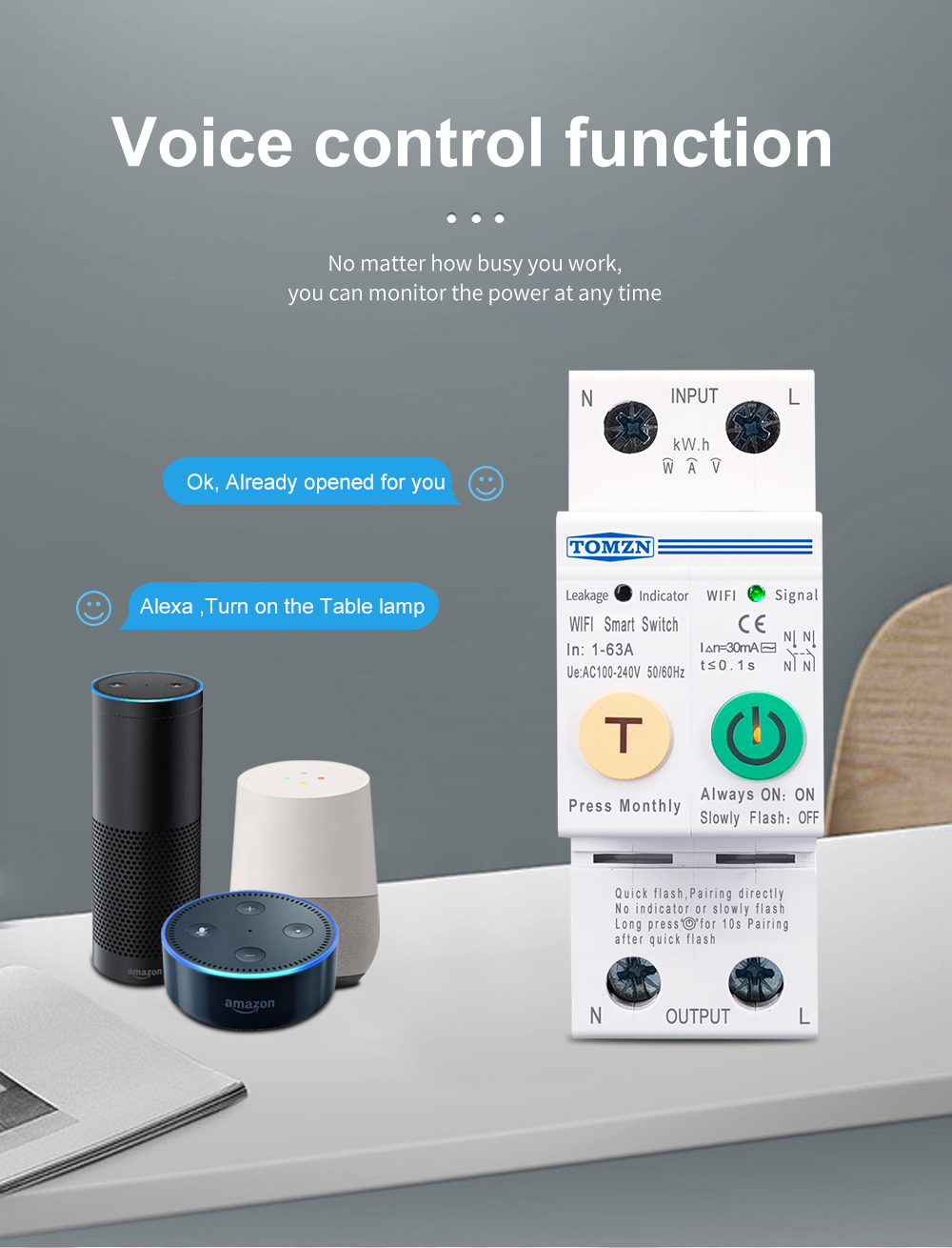 63A smartlife Single Phase WIFI Smart Switch Energy Meter Kwh Metering Monitoring Circuit Breaker Timer Relay MCB TUYA