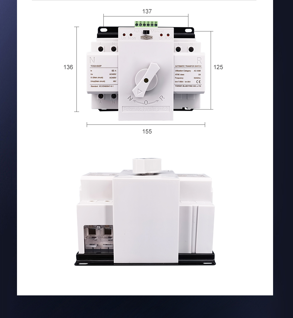 2 input 1 outpout 2P 63A 230V 50/60Hz MCB type Dual Power Automatic transfer switch ATS