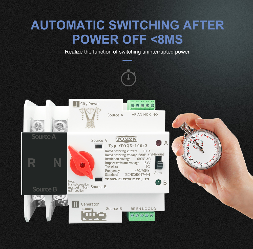 TOMZN Single Phase Din Rail ATS Dual Power Automatic Transfer Electrical Selector Switches Uninterrupted 2P 63A 100A 125A