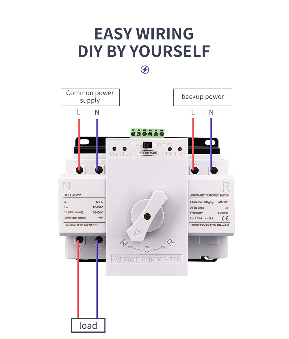 2 input 1 outpout 2P 63A 230V 50/60Hz MCB type Dual Power Automatic transfer switch ATS