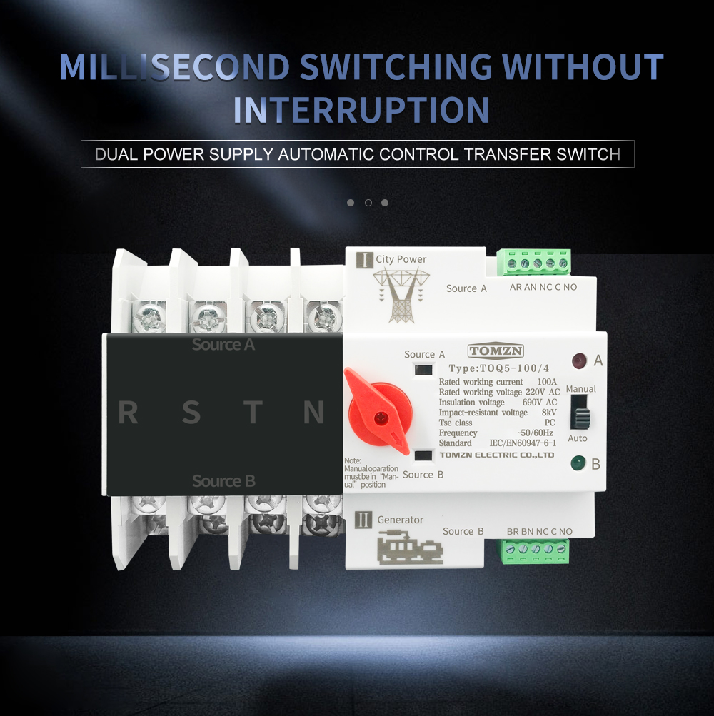 3 Phase Din Rail ATS Dual Power Automatic Transfer Switch Electrical Selector Switches Uninterrupted Power 4P 63A 100A 125A