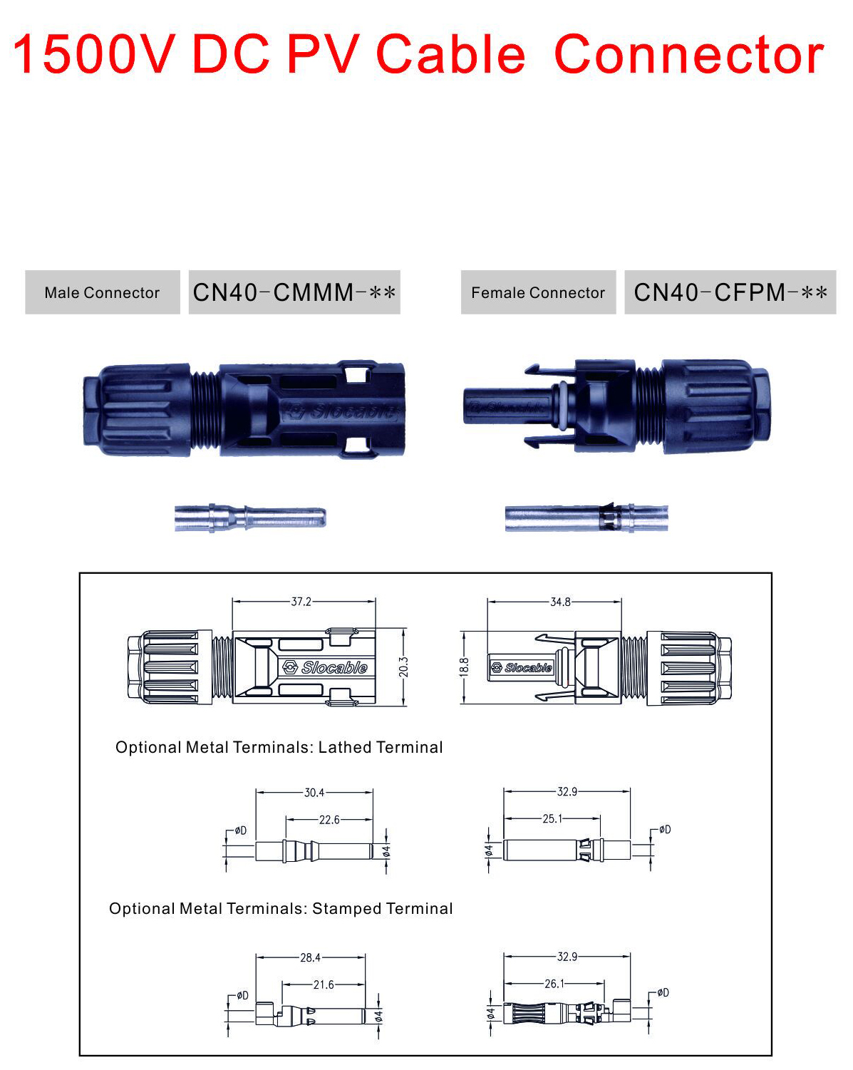 Slocable MC 4 1500V Solar Cable PV Connector 8AWG 10mm2 IP68 Wire Connector for PV System