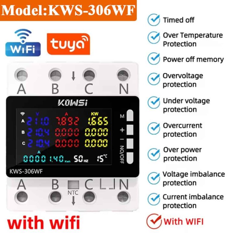 KWS-306WF 306L 306 WIFI Energy Meter Power Meter DIN Rail 3 Phase 4 Wire Voltage AC 85-290V Voltmeter Amps Watt Kwh Meter Color Screen