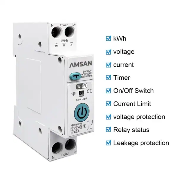 TUYA Smart MCB WiFi Plus RCBO 63A AMSAN 1P+N WIFI Smart Switch Energy Meter Metering Circuit Breaker voltage current leakage protection Relay MCB - Gambar 2