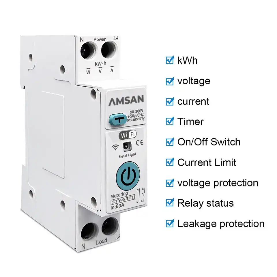TUYA Smart MCB WiFi Plus RCBO 63A AMSAN 1P+N WIFI Smart Switch Energy Meter Metering Circuit Breaker voltage current leakage protection Relay MCB - Gambar 2