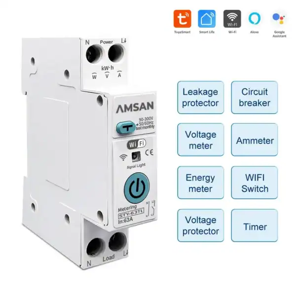 TUYA Smart MCB WiFi Plus RCBO 63A AMSAN 1P+N WIFI Smart Switch Energy Meter Metering Circuit Breaker voltage current leakage protection Relay MCB - Gambar 3
