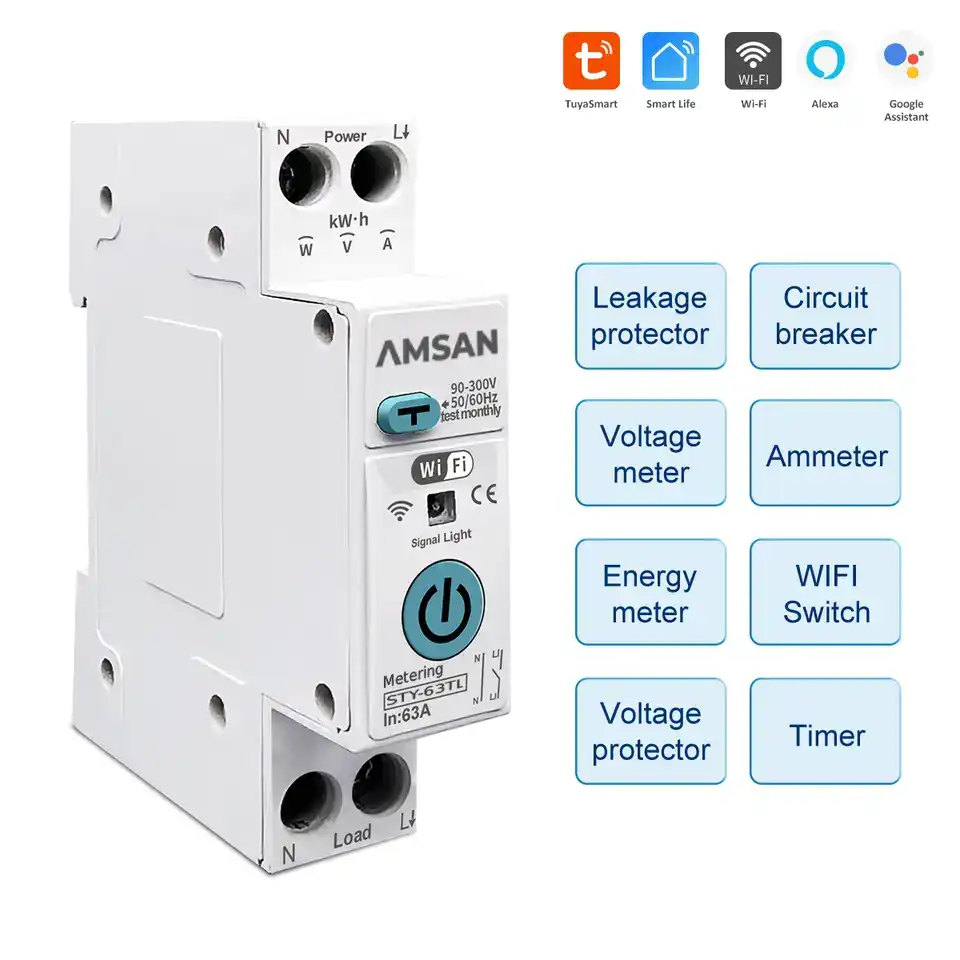 TUYA Smart MCB WiFi Plus RCBO 63A AMSAN 1P+N WIFI Smart Switch Energy Meter Metering Circuit Breaker voltage current leakage protection Relay MCB - Gambar 3